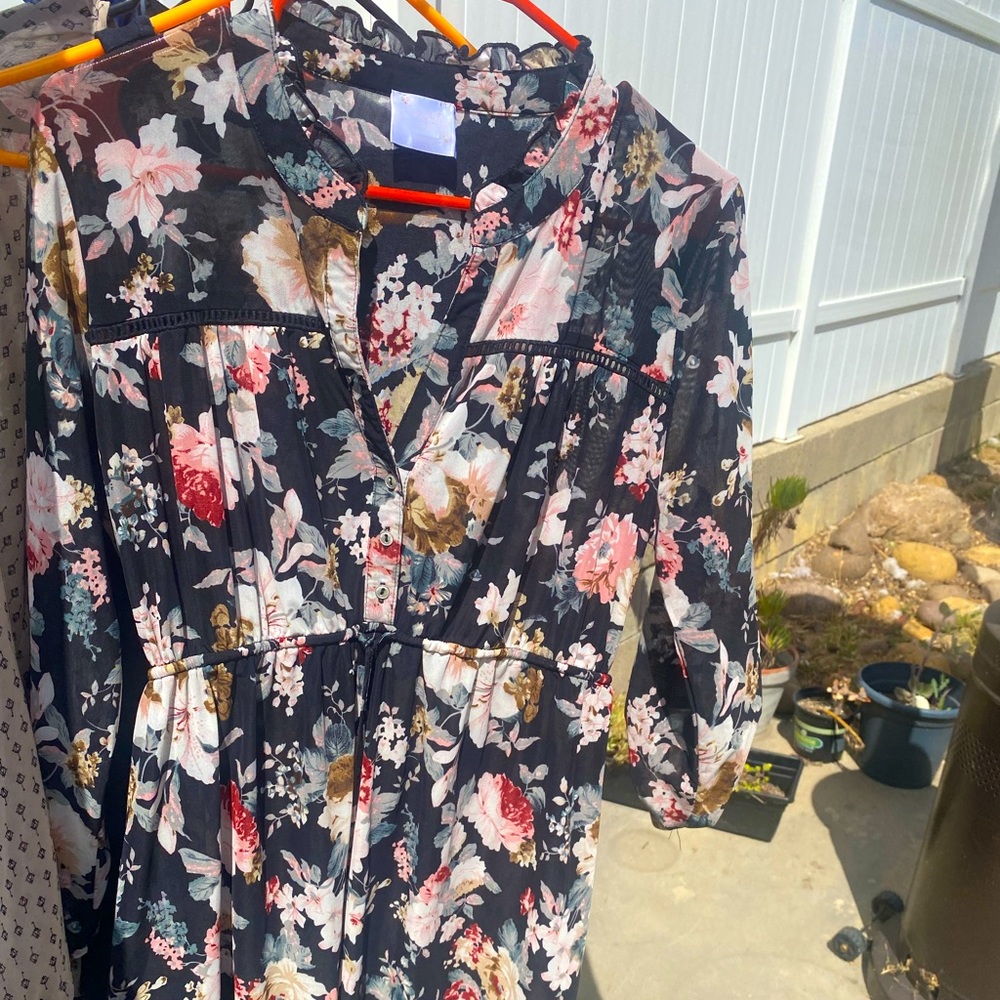Serenity Maternity blouse, sheer, size large, black floral